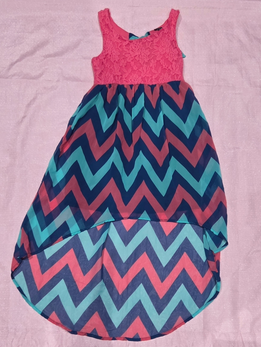 Girls Chevron Hi-Low Dress with Pink Lace Bodice